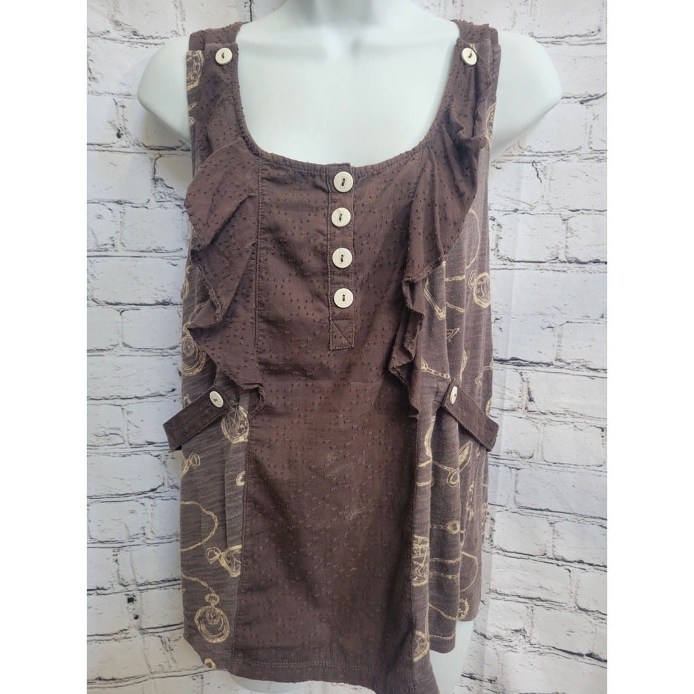 Little Yellow Button Brown Pocket Watch Print Ruffle Sleeveless Top Womens M